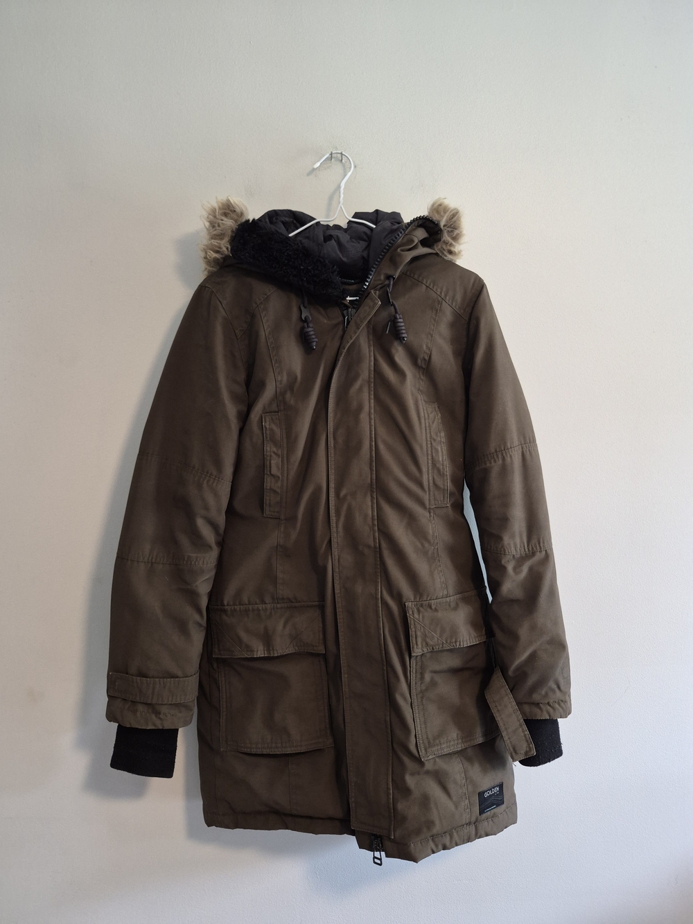 TNA Golden Bancroft Small Olive Green Brown Winter Parka Coat with Faux Fur Hood